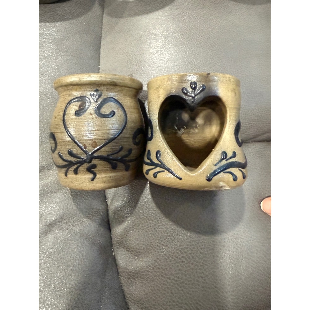 Maple City Pottery Salt Glaze Stoneware Heart Crock and Votive Holder Set USA
